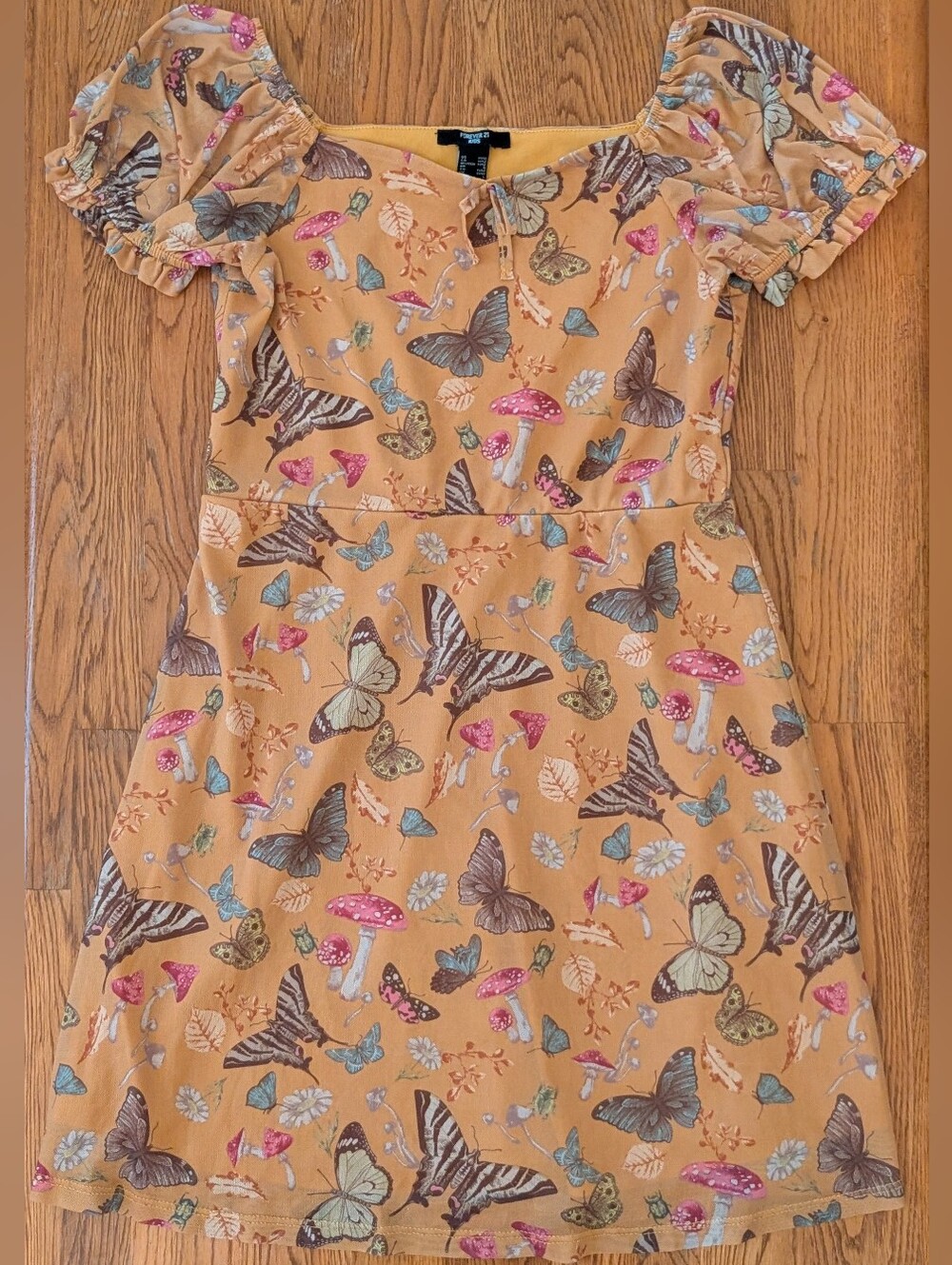 Forever 21 Girls Whimsical Butterfly & Mushroom Print Mesh Lined Fairycore Dress